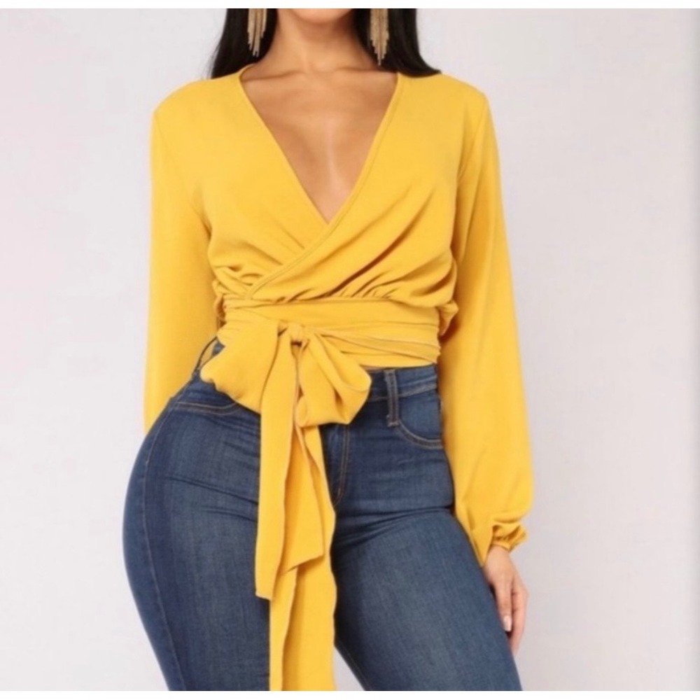 Fashion Nova Wrap Blouse Womens XL Mustard Yellow Long Sleeve Tie Waist Top